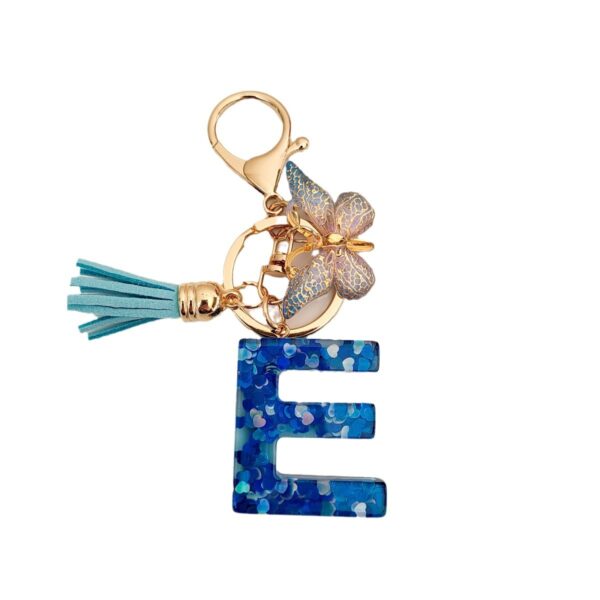 Wholesale blue crystal epoxy letter key chain pendant resin sequined butterfly key chain batch