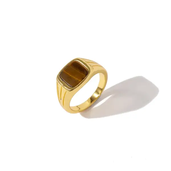 Wholesale Square Brass Ring For Women With Natural Stone Inlay, 18K Real Gold Plated Bezel Setting Featuring Water Plating Process