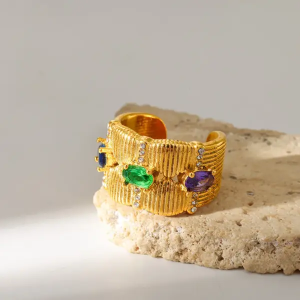 Wholesale Oval African Style Ring For Independence Day, 304 Stainless Steel With 18K Real Gold Plated 0.03µm Thickness And Zircon Inlay