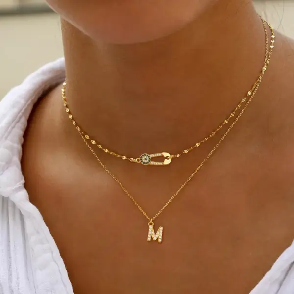 Wholesale Jewelry Simple Style Classic Style Letter Eye 201 Stainless Steel Copper Zircon Lip Chain Cable Chain Pendant Necklace