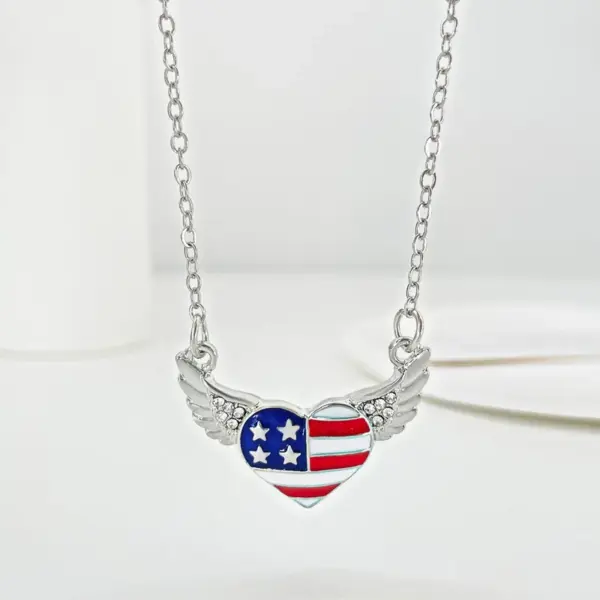 oly-06d80bf20443b7ccba0ebf1346628a12 Wholesale Fashion Simple American Independence Day Rhinestone Wings Heart-shaped Pendant Alloy Necklace Set
