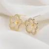 Wholesale 14K Real Gold Plated Copper Stud Earrings With Flowers Pattern And Zircon Inlay, Featuring 925 Sterling Silver Ear Pins