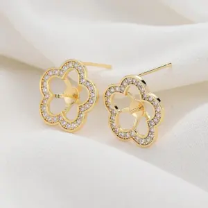 Wholesale 14K Real Gold Plated Copper Stud Earrings With Flowers Pattern And Zircon Inlay, Featuring 925 Sterling Silver Ear Pins