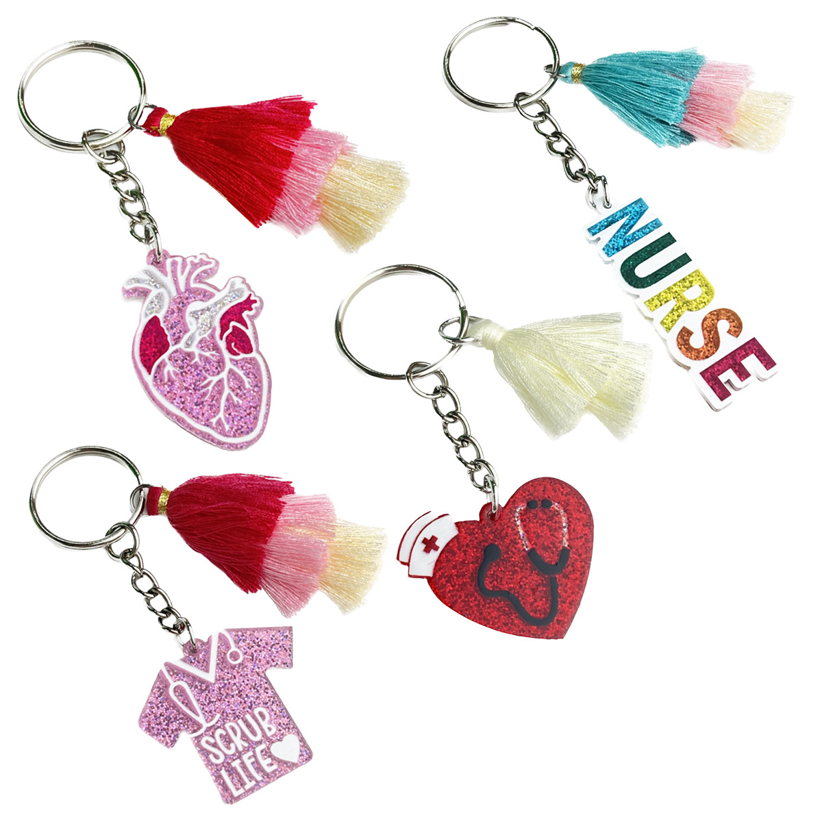 Wholesale Cross-border Amazon Doctor Nurse Element Keychain Multicolor Tassel Key Ring Shiny Acrylic Bag Pendant