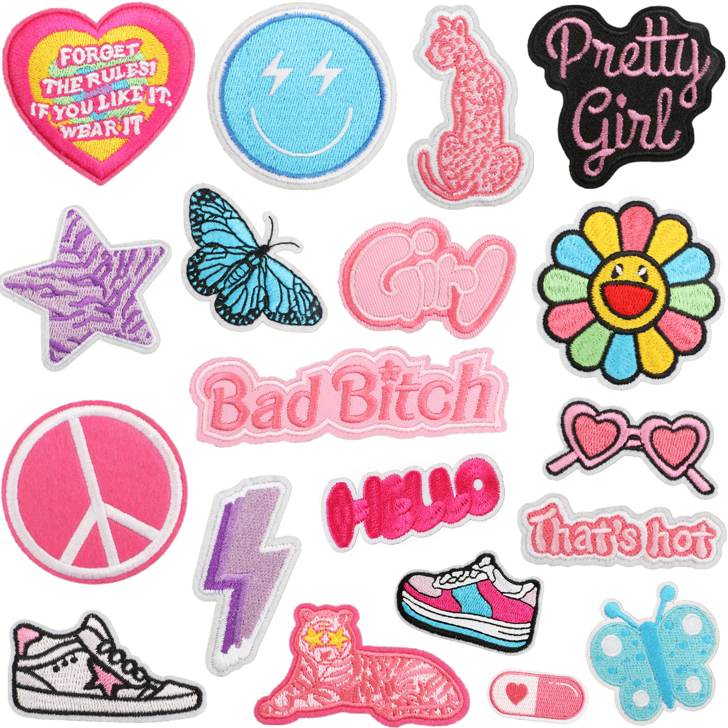 Wholesale Girl's Pink Decorative Embroidered Cloth Sticker Colorful Flower Letter Bag Patch Sticker Cartoon Pink Leopard Computer Embroidered Label