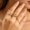 Wholesale Irregular Titanium Steel Rings For Women With Real Gold Plated And Imitation Pearl Inlay, 3 Pieces Set