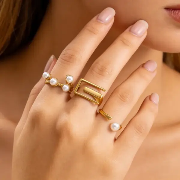 Wholesale Irregular Titanium Steel Rings For Women With Real Gold Plated And Imitation Pearl Inlay, 3 Pieces Set