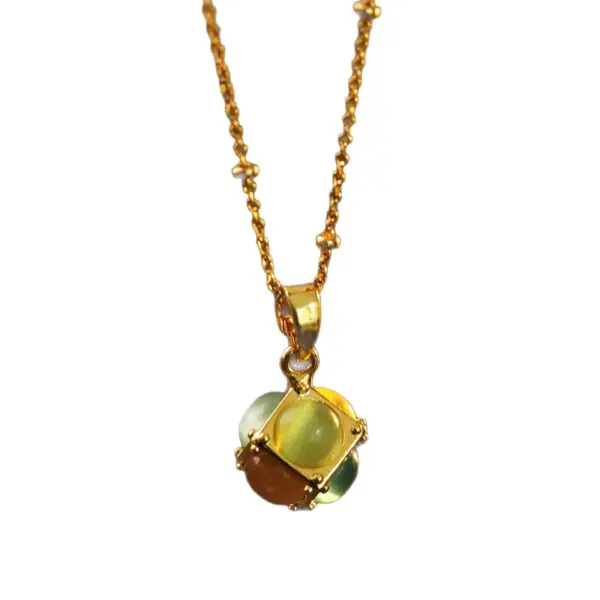 Wholesale Colorful Cube Pendant Necklace Women's Fashion Lightweight Luxury Dopa Cat's Eye Stone Clavicle Chain Geometric Pattern Alloy Copper Jewelry
