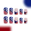Wholesale Glossy Short Red And Blue Color Block Glitter Striped American Stars 24 Pieces Wearable Nail Art Independence Day Celebration