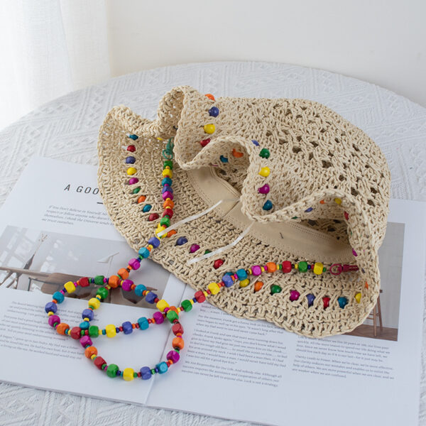 Wholesale Hyun Ya Style Color Wooden Beads Straw Hat Women's Summer Big Hat Straw Weaves Fisherman's Hat Foldable Seaside Sunshade and Sunscreen Hat