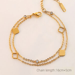 Hollow four-leaf clover double layer bracelet gold / Made of stainless steel all over the body + real gold plating in the furnace with 18k gold