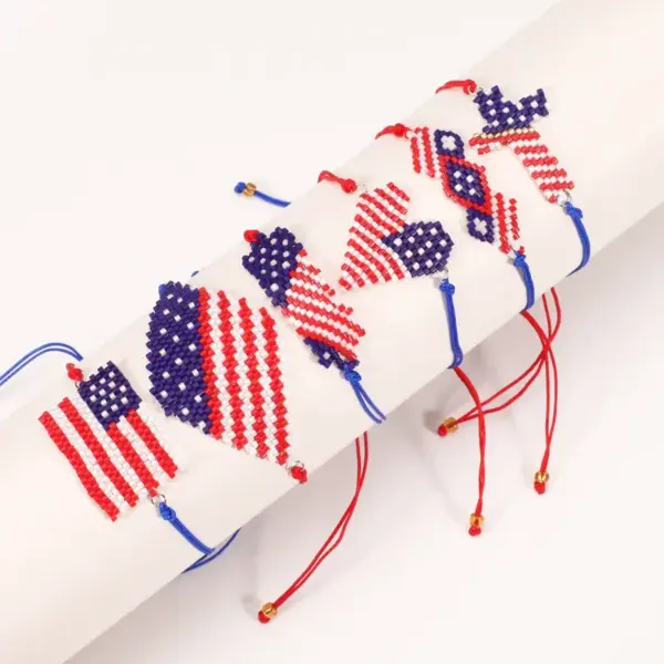 Wholesale Handmade Beaded Bracelet American Flag Independence Day Adjustable No Buckle Rope Bracelet Unisex Black White Red