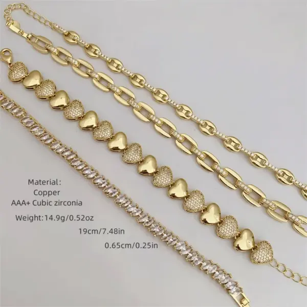 Wholesale Fashionable Multi-Style Copper Plated 18K Gold Color Zircon Heart Geometric Bracelet Suitable For Daily Wear Valentine's Day Gift