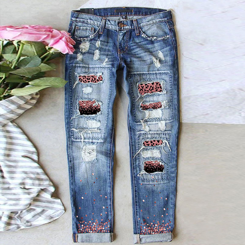 Wholesale European and American Cross-border 2022 Amazon New Leopard Print Hole Print Pants Casual WISH Loose Washed Jeans