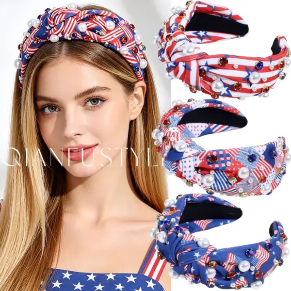 Wholesale American Flag Jewelry Headband For Women In Cloth Material With Rhinestones, Stylish Commute Accessory For Independence Day
