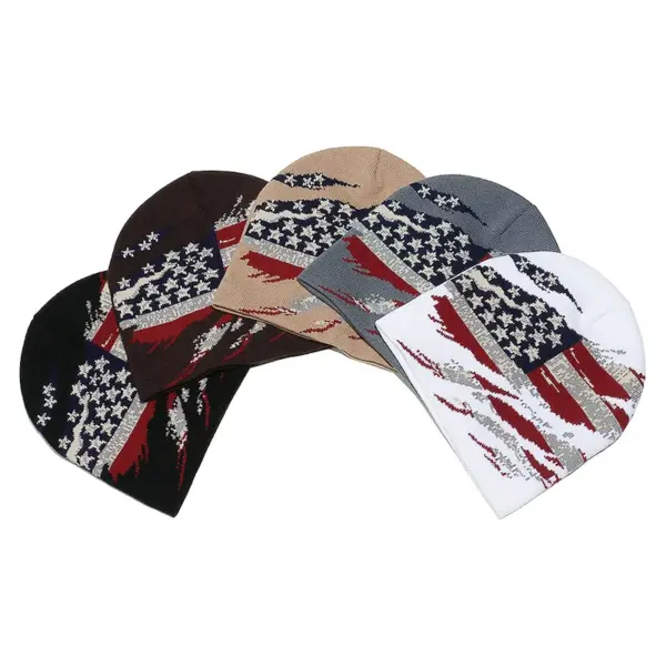 oly-093aeae0547b6f4826b5585f46fec3cf Wholesale Men's Winter Knitted Hat American Flag Star Embroidery Ear Protection Woolen Cap Vintage Style Overhead Design Autumn Season
