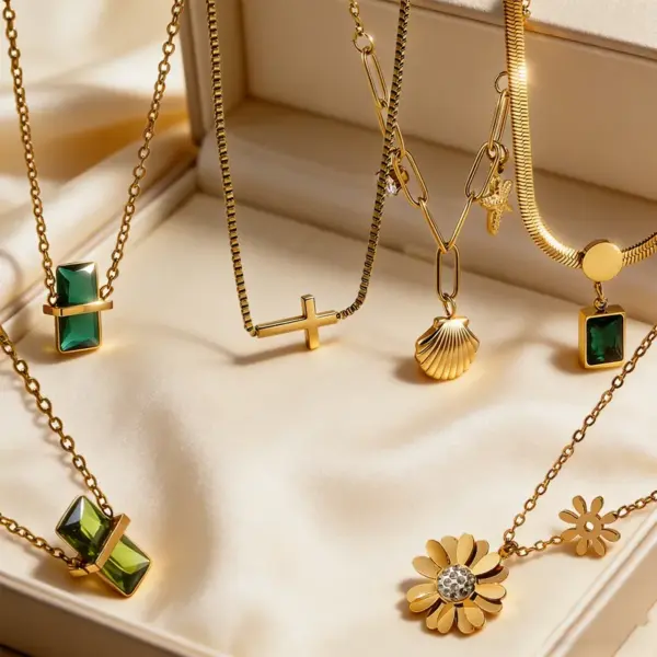 Wholesale Waterproof Cross Pendant Necklace For Women In 304 Stainless Steel With Zircon Inlay, 18K Gold Plated, 0.03µm Cable Chain