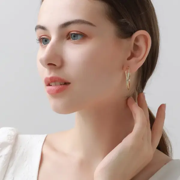 Wholesale C Shape Hoop Earrings For Women With Bezel Setting, Electroplated Copper And Zircon Inlay, Featuring 925 Sterling Silver Posts