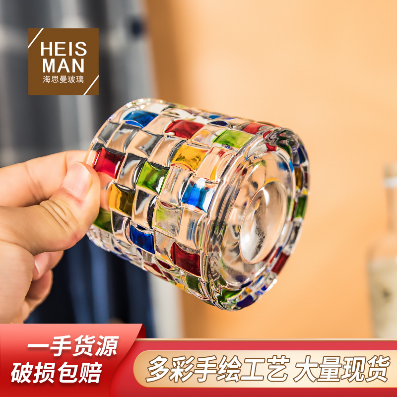 Wholesale Haisman thickened color glass creative rotating whiskey glass hand painted rotating cup with wooden tray decompression Cup