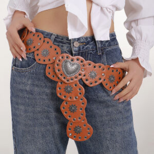 Wholesale Style Western Cowboy Stylish Exaggerated Peach Heart Hollow Belt Retro Dark Belt Versatile for Women