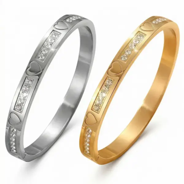 Wholesale Waterproof Non Tarnish Titanium Steel Shell Bangle For Women In Steel Color With Real Gold Plated And Rhinestones Inlay