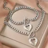 Wholesale Fashion Hip Hop 2 Piece Set - Stainless Steel Cuban Chain Necklace And Bracelet With Love Pendant OT Buckle Unisex Jewelry Gift
