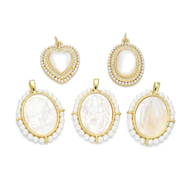 Wholesale 1 Piece Copper Artificial Pearls Shell 18K Gold Plated Virgin Mary Oval Heart Shape Polished Pendant