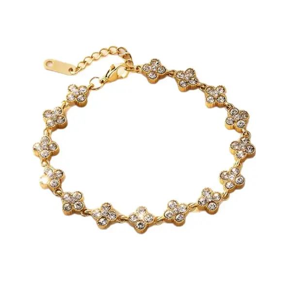 Wholesale Luxurious Four Leaf Clover Bracelet In Golden Electroplated 304 Stainless Steel With Zircon Inlay For Unisex