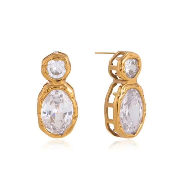 Wholesale Oval Waterproof Non Tarnish Earrings For Women, 304 Stainless Steel With 18K Real Gold PVD Coated Plating And Zircon Inlay