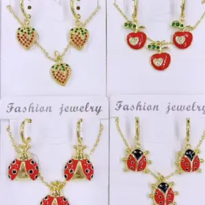 Wholesale Jewelry Casual Sweet Simple Style Ladybugs Apple Strawberry Copper Zircon 18K Gold Plated Polishing Enamel Inlay Cable Chain Jewelry Set