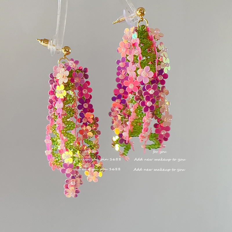 Wholesale South Korea East Gate Laser Sequin Flower Tassel Earrings Vacation Style Eye-catching Bright Eye Strap Long Dress All-match Earrings