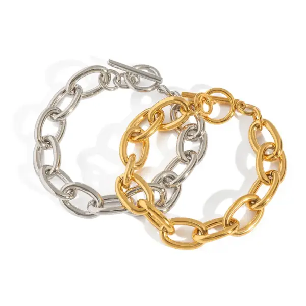 Wholesale PVD Coated Real Gold Plated 18K Gold Solid Color 304 Stainless Steel Sweet Waterproof Non Tarnish 304 Stainless Steel OT Clasp Toggle Clasp Closure Bracelets