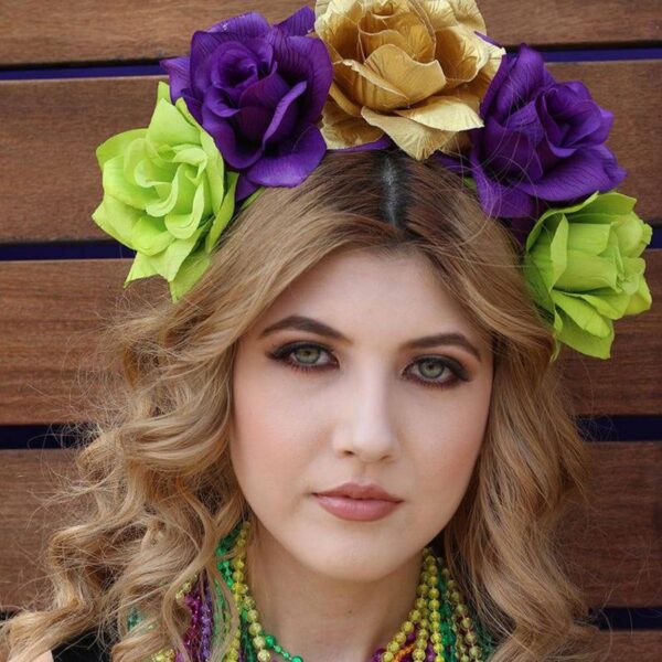 oly-0bbd10eae7f8450c4d642518c89f6213 Wholesale Carnival artificial flower headband fabric rose flower hair accessories purple green big flower headband