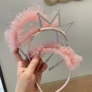 Wholesale Children's Crown Headband Quality Rhinestone Mesh Headband Girls' Birthday Accessories Tulle Dress Princess Hair Clip Headwear Lace Bow