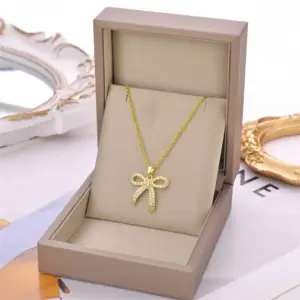 Wholesale Fashion Bow Knot Titanium Steel Hollow Out Inlay Rhinestones Pendant Necklace 1 Piece