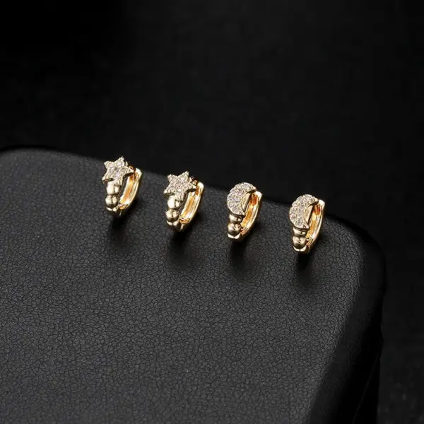Wholesale Moon Pattern Bezel Setting Earrings For Women, Electroplated Copper With Zircon Inlay, Stud Earrings
