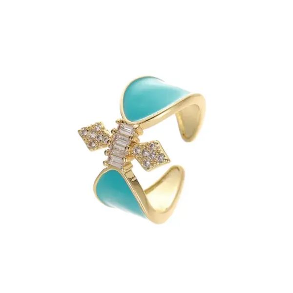 Wholesale Women’s Bow Tie Open Rings Featuring Enamel Craft And Zircon Inlay, Electroplated Copper Material