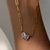 Wholesale 304 Stainless Steel Heart Shape PVD Coated Zircon 18K Real Gold Plated Princess Cute Sexy Waterproof Non Tarnish Paperclip Chain Lobster Trigger Clasp Closure Gold Necklace