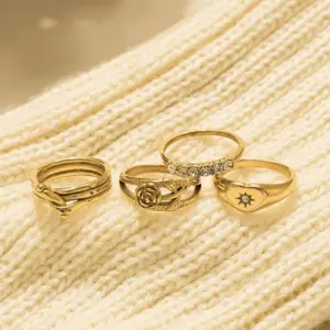 Wholesale Vacuum Electroplating (In Furnace) 18K Gold Plated 304 Stainless Steel Rose Flower Rope Knot Love Heart Zircon Metal Wind Ring
