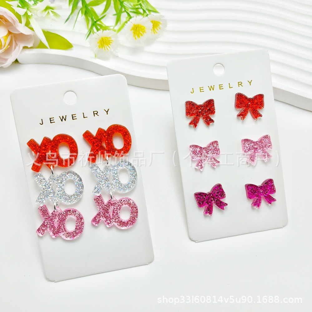 Wholesale Cross Mirror Hot Sale Valentine's Day Love Acrylic Sheet Printed Bow Simple Personality Letter Earrings suit