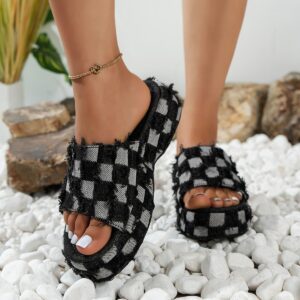 Wholesale women’s shoes summer wedge platform beach outerwear plaid denim slippers plus size women