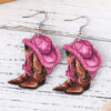 Wholesale Western Style Pink Denim Hat Cowboy Boots Pendant Earrings Women's Wooden Double-sided Earrings