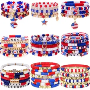 Wholesale Bohemian Style Soft Clay Bracelet Set Alloy Flag Drip Oil Personalized Independence Day USA Themed Hand Chain Jewelry