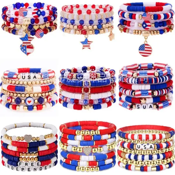Wholesale Bohemian Style Soft Clay Bracelet Set Alloy Flag Drip Oil Personalized Independence Day USA Themed Hand Chain Jewelry
