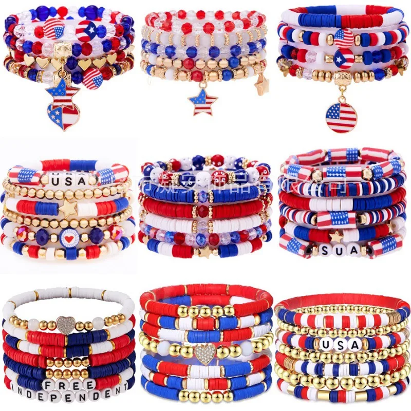 Wholesale Bohemian Style Soft Clay Bracelet Set Alloy Flag Drip Oil Personalized Independence Day USA Themed Hand Chain Jewelry