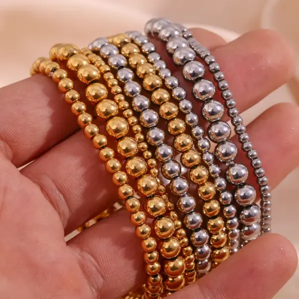 Wholesale Fashion Round Beaded 304 Stainless Steel 18K Gold Plated Bracelets In Bulk