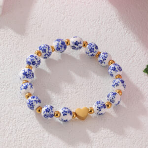Wholesale 18K True Gold Stainless Steel Love Acrylic Alphanumeric Small Gold Beads Blue and White Porcelain Beaded Valentine's Day Bracelet