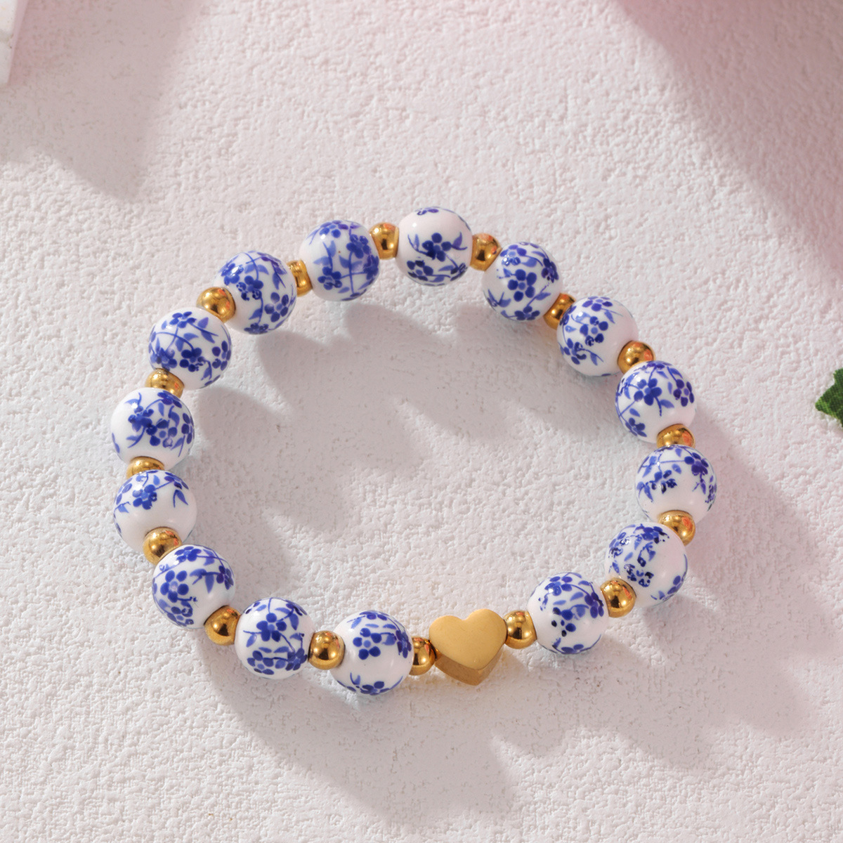 Wholesale 18K True Gold Stainless Steel Love Acrylic Alphanumeric Small Gold Beads Blue and White Porcelain Beaded Valentine's Day Bracelet