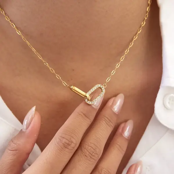 Wholesale Women's Classic Style 18K Gold 304 Stainless Steel + White Rhinestone Double Ring Necklace Earring Set 18K Real Gold Plated Vacuum Electroplating (In Furnace) Zircon Geometric Pattern (Jewelry) Waterproof Non-Fading Asymmetric Handmade Chain Jewelry Set For Women