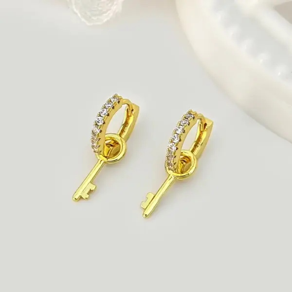 Wholesale Ins Style Simple Key Earrings Copper Inlaid Zircon Hoop Fashion Women's Earrings Daily Wear Dangling Earrings Imitation Gold Plated Universal Electroplated